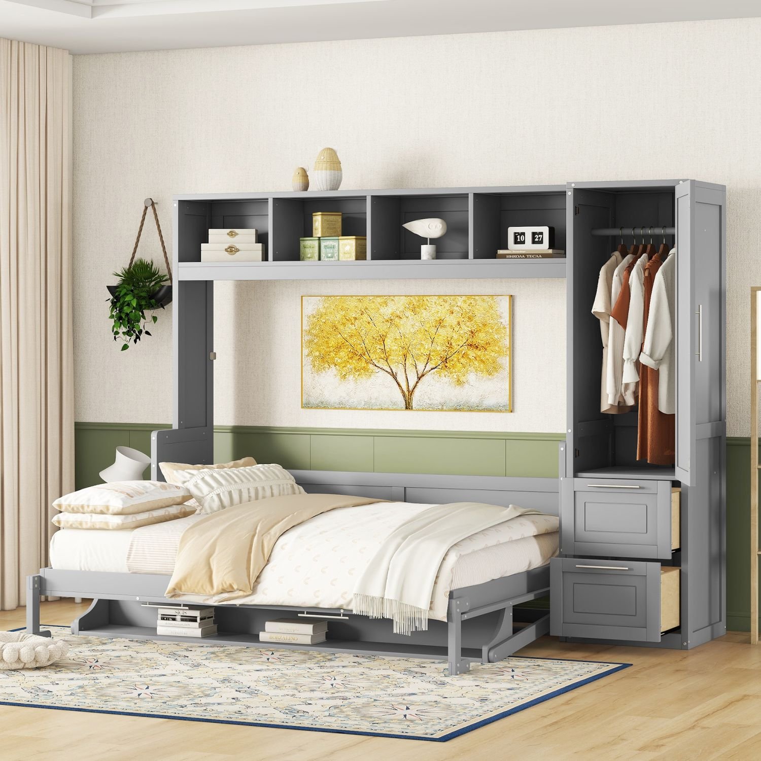 Queen Size Murphy Bed Wall Bed with Closet and Drawers,Gray Queen Size Murphy Bed Wall Bed with Closet and Drawers,Gray